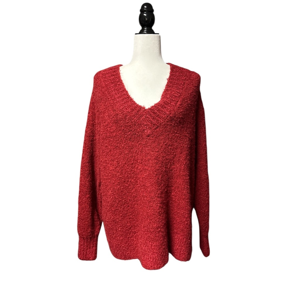 Aerie Red Fuzzy Chunky V Neck Wool Blend Oversized Sweater Women's Size‎ Small